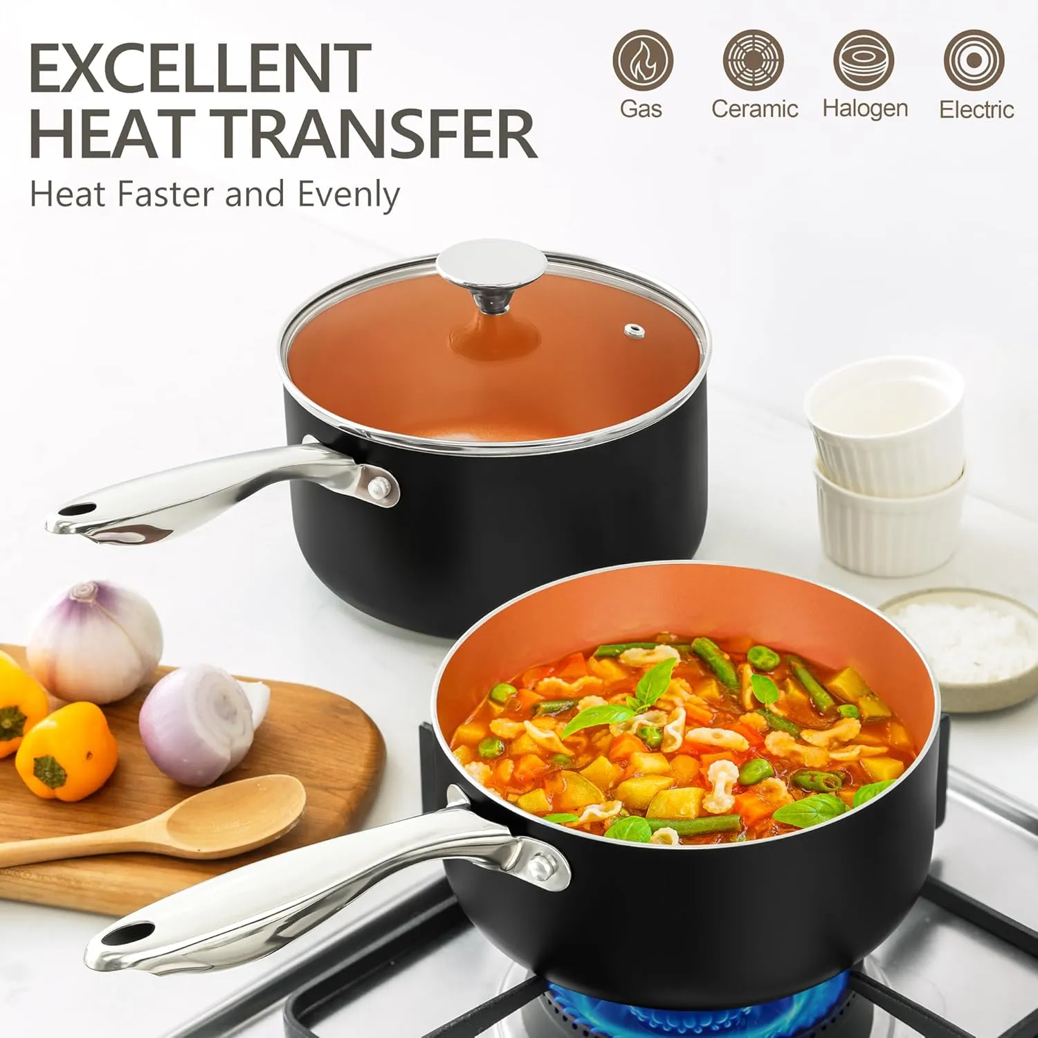 MICHELANGELO Nonstick 2 Quart Sauce Pan with Lid, Ultra-Nonstick Copper Sauce Pot 2 Qt, Ceramic Saucepan with Lid, Small Pot with Ergonomic Handle, Induction Compatible, Oven Safe
