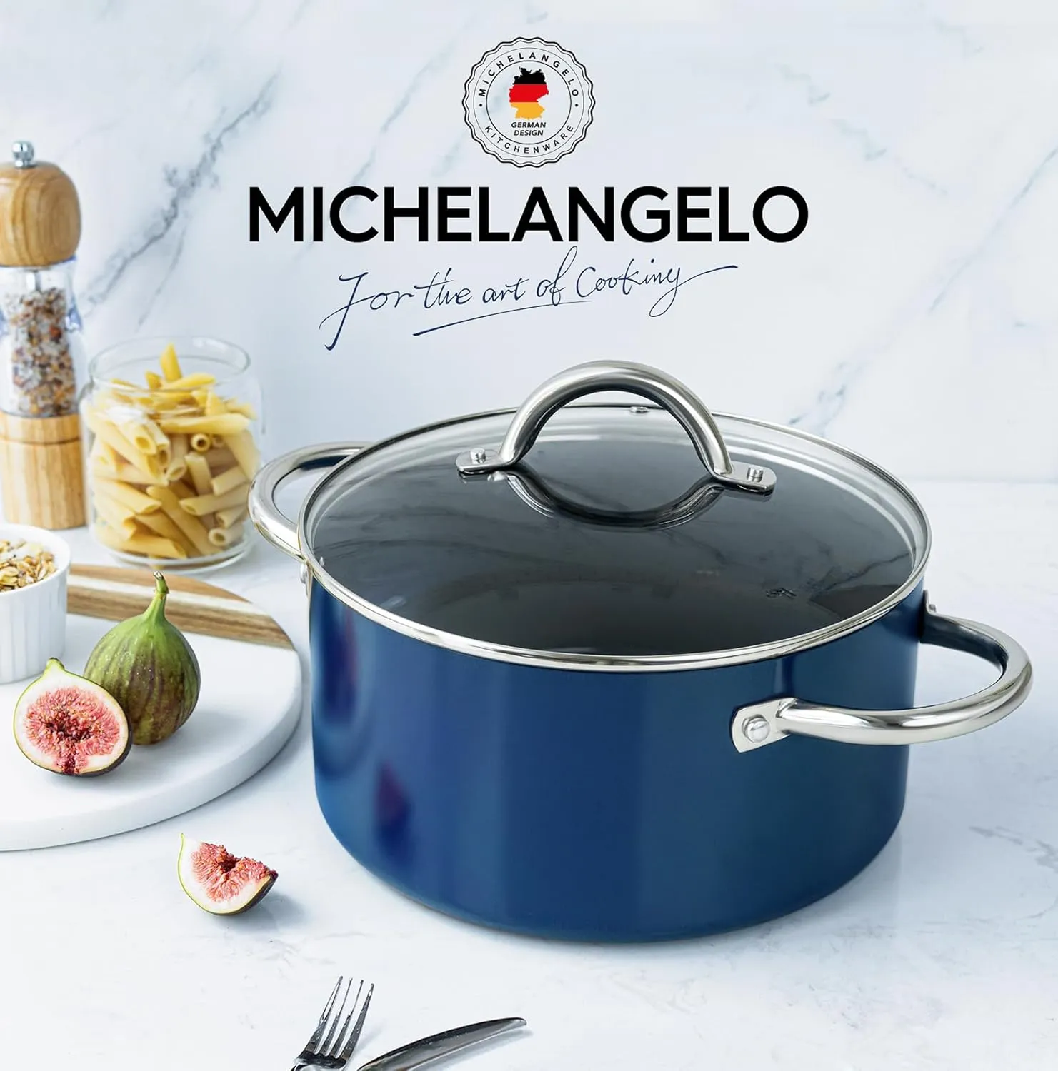 MICHELANGELO Stock Pot with Lid - 5 Quart Cooking Pot with Nonstick Coating, Ceramic Soup Pots with Stainless Steel Handle, Non Stick Pot Induction Compatible, Blue