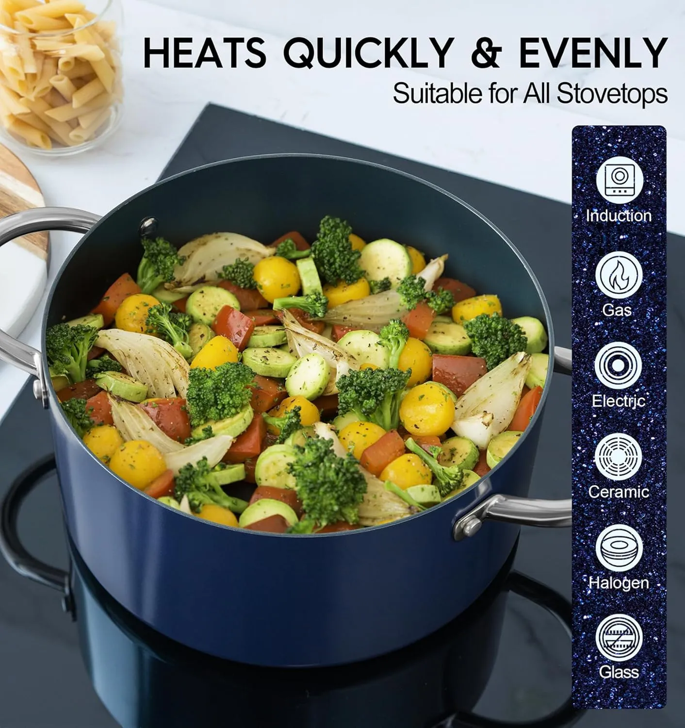 MICHELANGELO Stock Pot with Lid - 5 Quart Cooking Pot with Nonstick Coating, Ceramic Soup Pots with Stainless Steel Handle, Non Stick Pot Induction Compatible, Blue