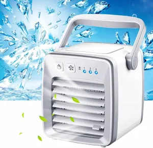 Mini Evaporative Air Cooler - Portable Cooling Air Conditioner - USB-Powered Travel, Outdoor, Desk Fan with 3 Speeds - Personal Cool Wind Machine with 200ml Water Tank & Dust Filter - White - 7x7x6.5"