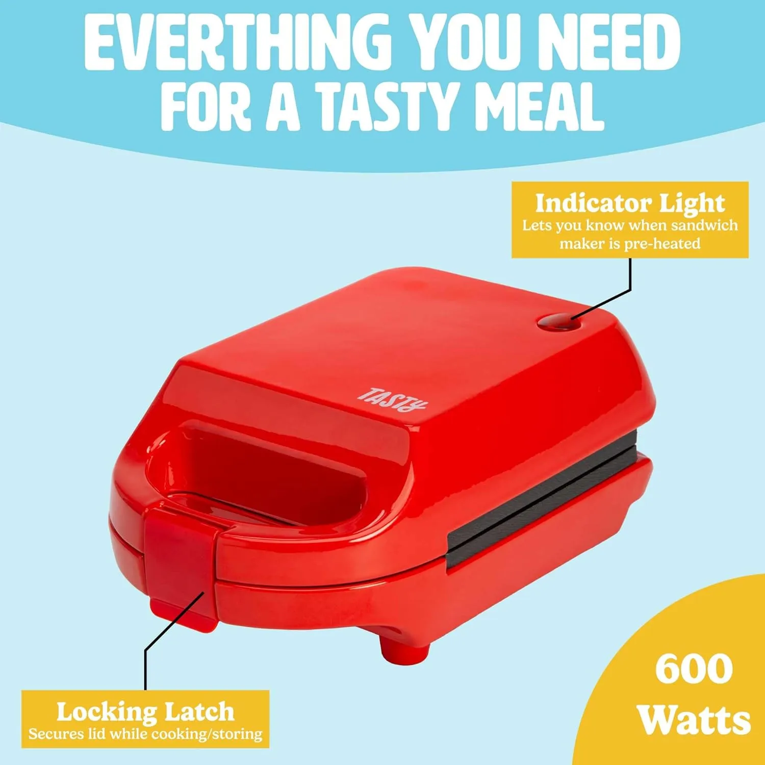 Mini Sandwich Maker, Makes Sandwiches, Paninis, Grilled Cheese, Desserts, Quick Results, Easy Cleanup, 600W, Red