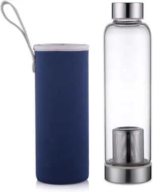 misppro Stainless Steel Cover Water Bottle - High Borosilicate Glass, 550ml, Blue, with Tea Filter for Travel Outdoor Sports