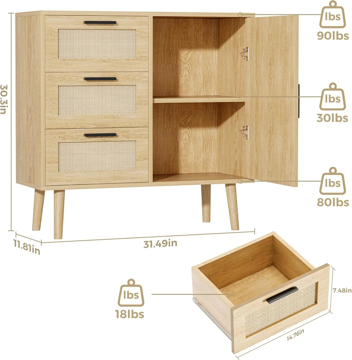 Modern Storage Cabinet, Free Standing Buffet Cabinet, Black Sideboard and Buffet Storage, Wood Accent Cabinet for Living Room, Hallway, Entryway, Dining Room