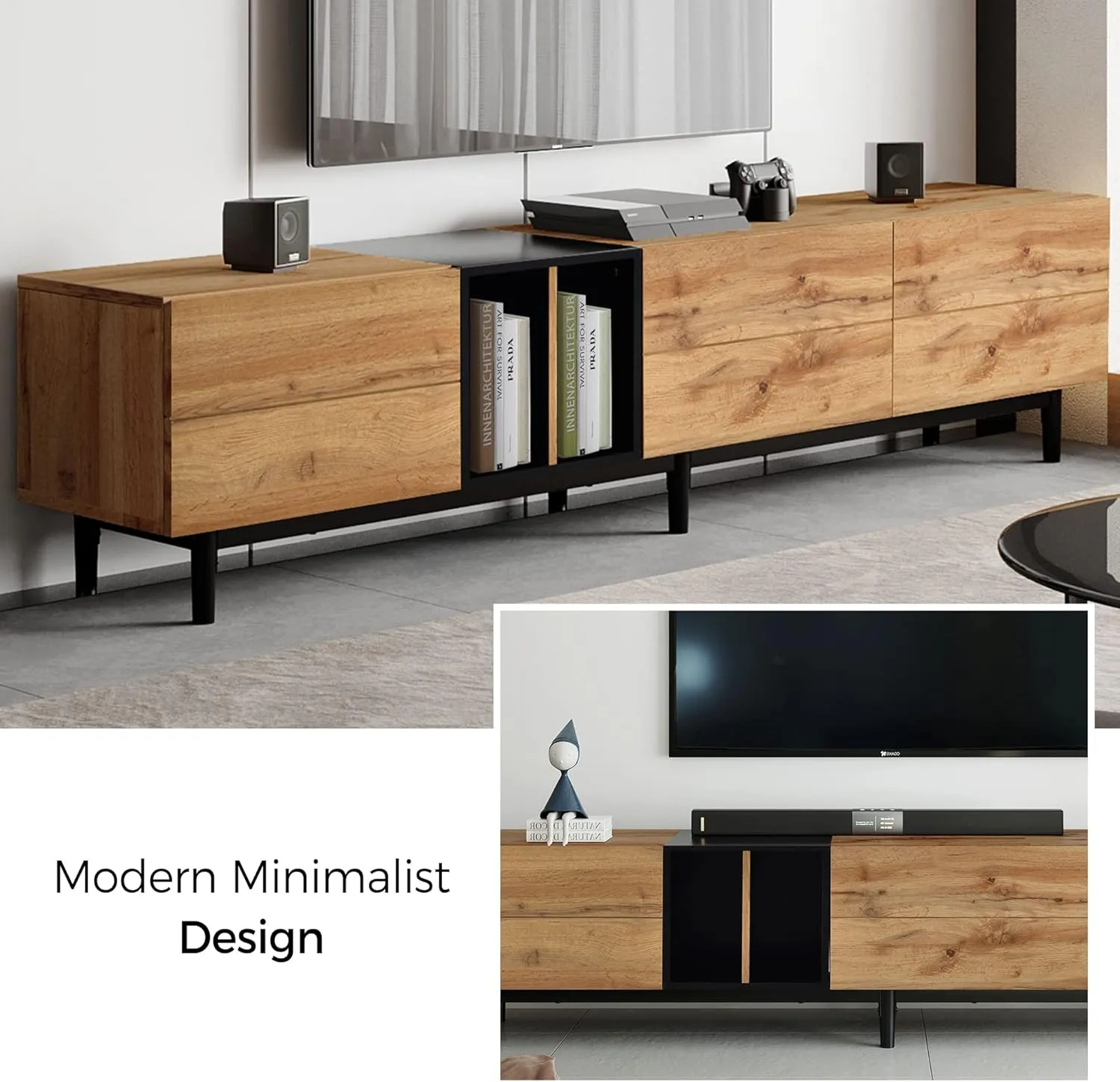 Modern TV Stand with 3 Cabinets & Open Shelves, Minimalist Wooden Entertainment Center for TVs Up to 80”, Sturdy TV Console for Living Room Bedroom Decor (Wood)