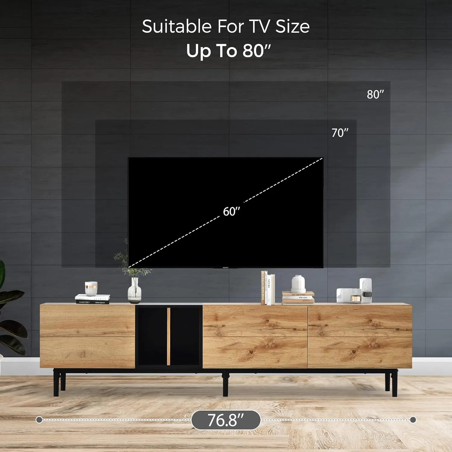 Modern TV Stand with 3 Cabinets & Open Shelves, Minimalist Wooden Entertainment Center for TVs Up to 80”, Sturdy TV Console for Living Room Bedroom Decor (Wood)