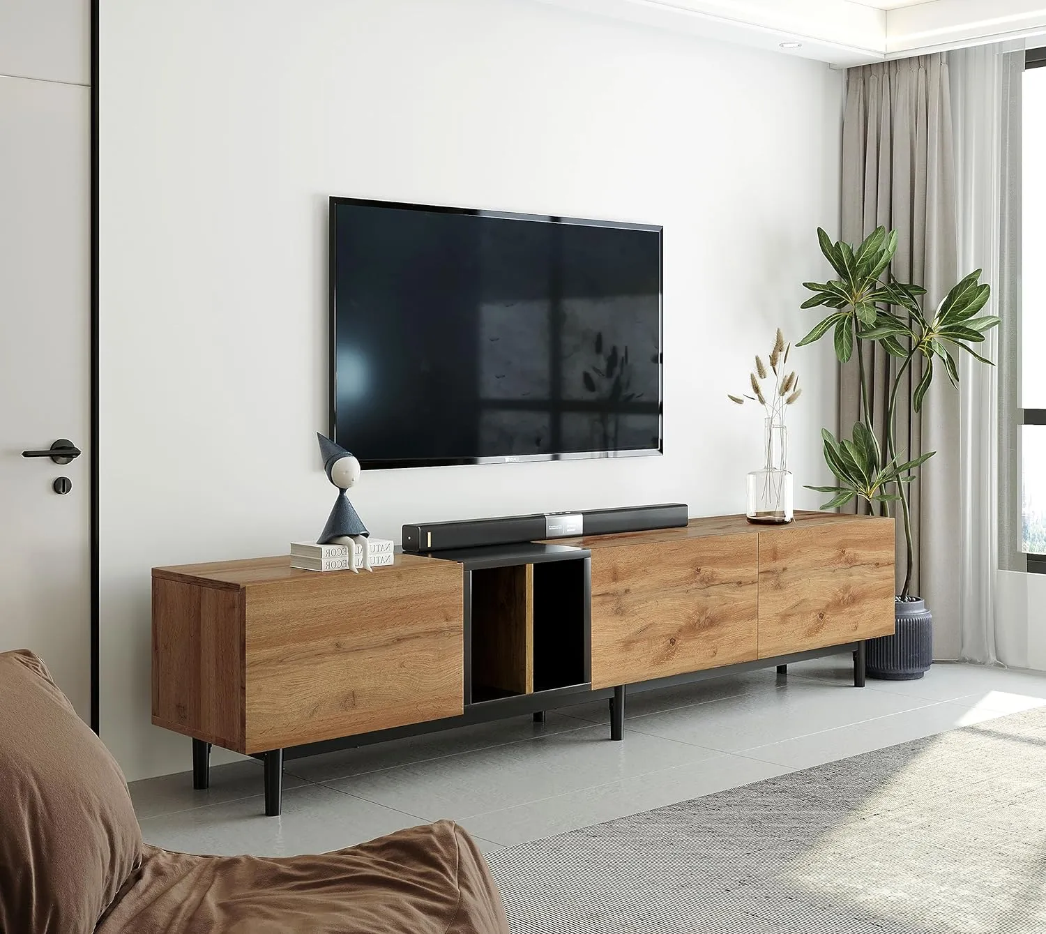 Modern TV Stand with 3 Cabinets & Open Shelves, Minimalist Wooden Entertainment Center for TVs Up to 80”, Sturdy TV Console for Living Room Bedroom Decor (Wood)