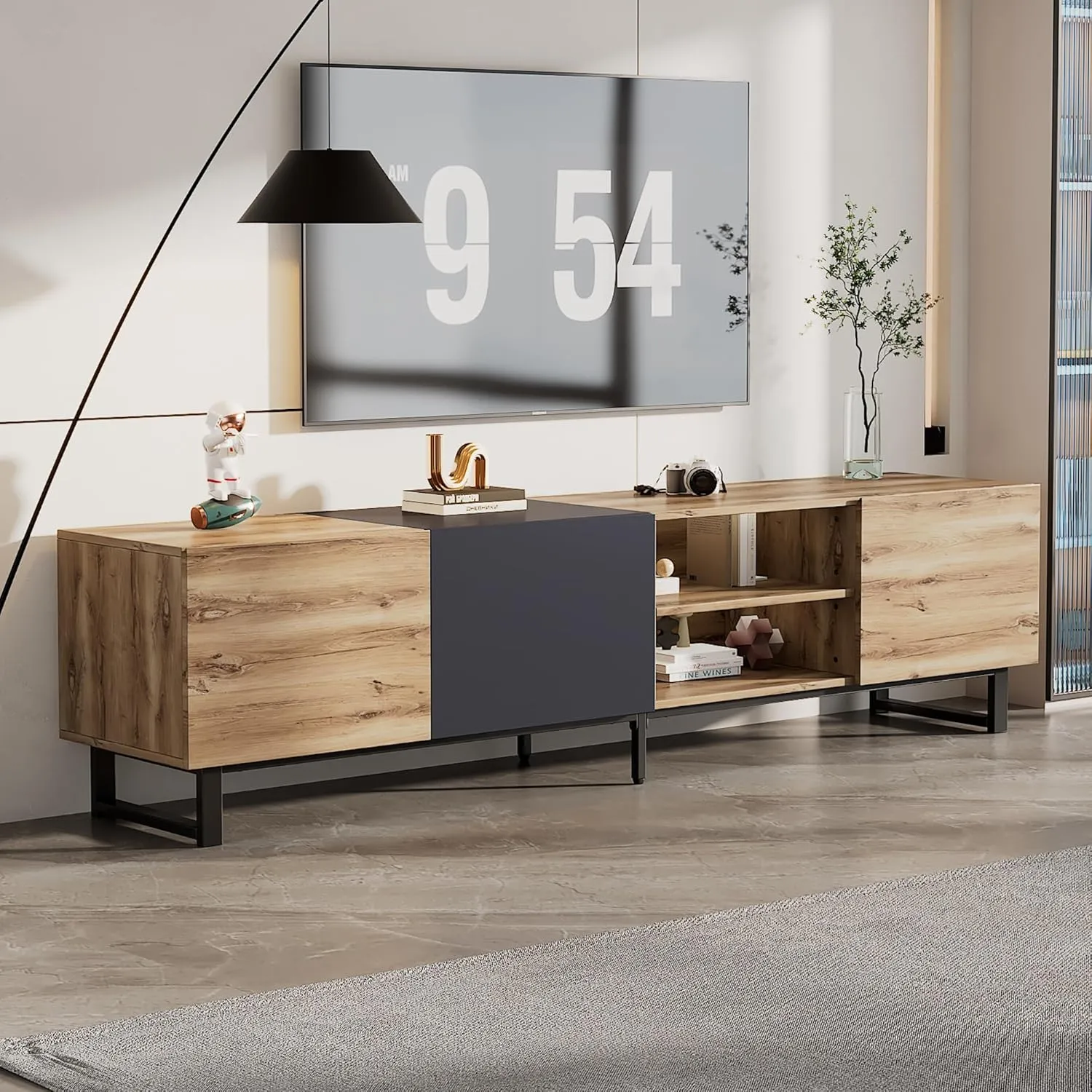 Modern TV Stand with 3 Cabinets & Open Shelves, Minimalist Wooden Entertainment Center for TVs Up to 80”, Sturdy TV Console for Living Room Bedroom Decor
