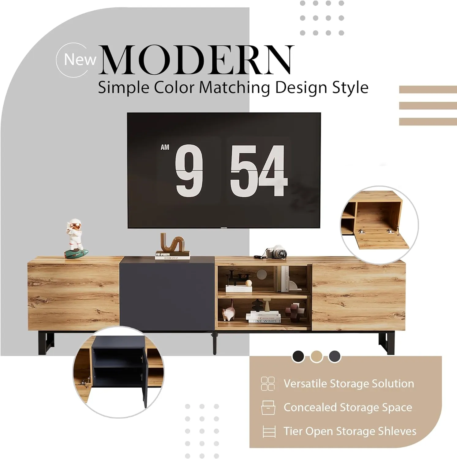 Modern TV Stand with 3 Cabinets & Open Shelves, Minimalist Wooden Entertainment Center for TVs Up to 80”, Sturdy TV Console for Living Room Bedroom Decor