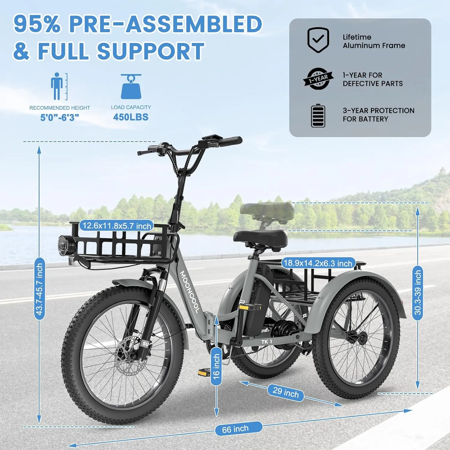 MOONCOOL Electric Trike, Electric Tricycle for Adults, 20" Folding 3 Wheels Electric Bicycle Bikes, 48V 500W/750W Motorized Electric Ebike with Aluminum Frame, Removable Battery and Basket