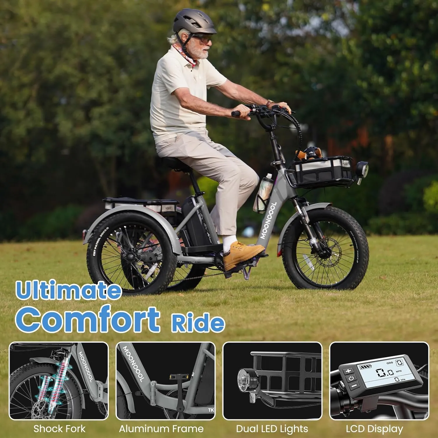 MOONCOOL Electric Trike, Electric Tricycle for Adults, 20" Folding 3 Wheels Electric Bicycle Bikes, 48V 500W/750W Motorized Electric Ebike with Aluminum Frame, Removable Battery and Basket