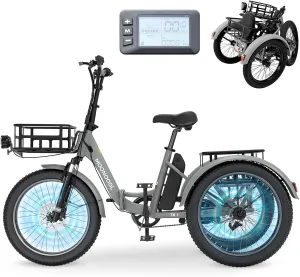 MOONCOOL Electric Trike, Electric Tricycle for Adults, 20" Folding 3 Wheels Electric Bicycle Bikes, 48V 500W/750W Motorized Electric Ebike with Aluminum Frame, Removable Battery and Basket