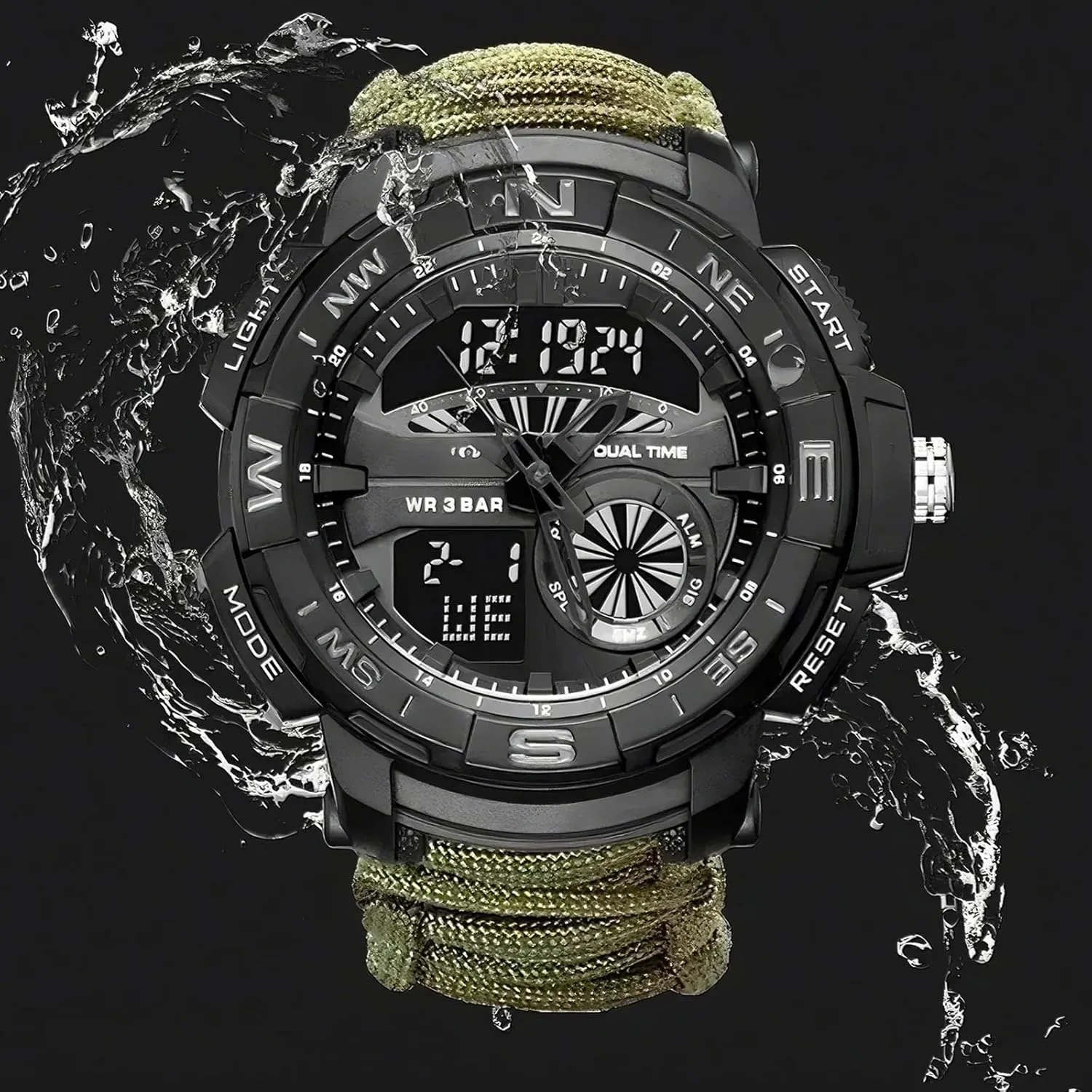 Multifunctional Tactical Outdoor Digital Watch, Compass, 5ATM Waterproof, for Hiking, Hunting and Tactical Ops