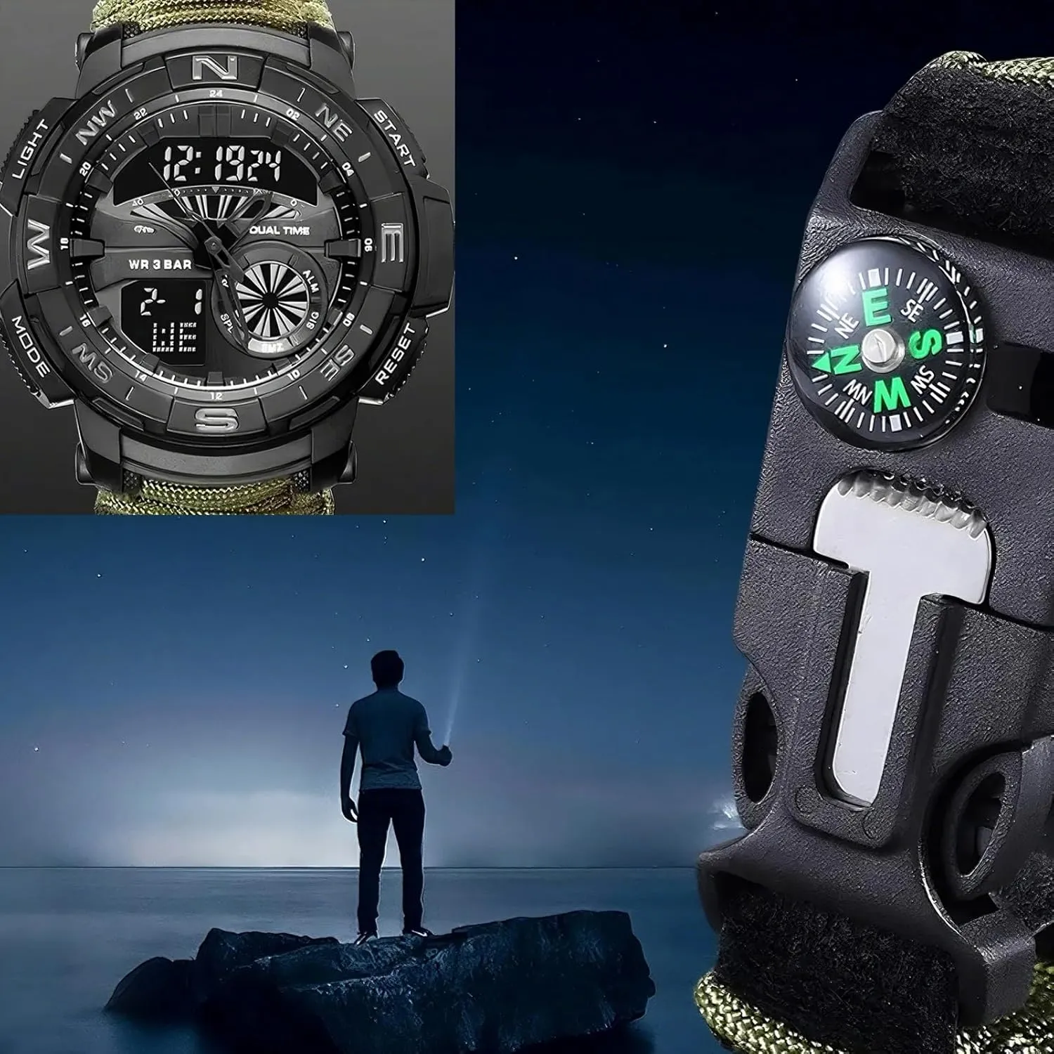 Multifunctional Tactical Outdoor Digital Watch, Compass, 5ATM Waterproof, for Hiking, Hunting and Tactical Ops
