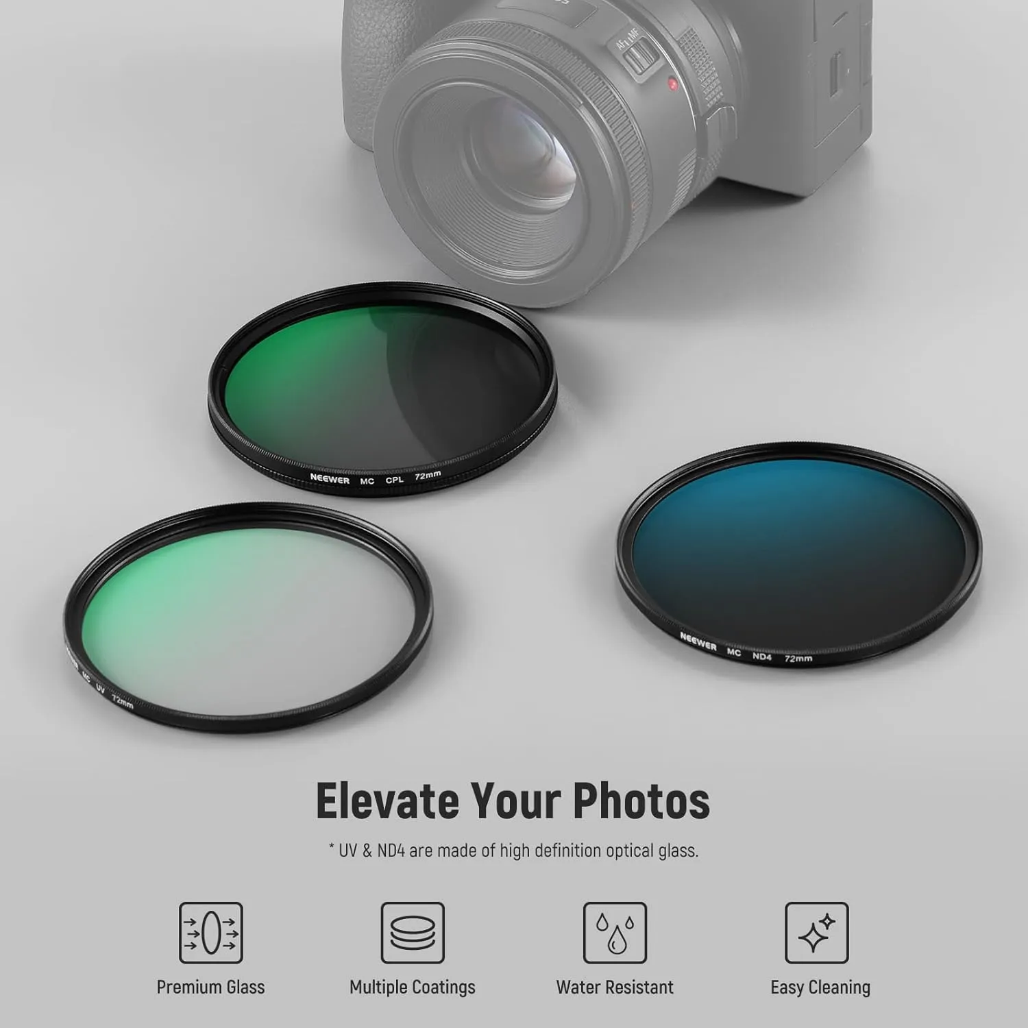 NEEWER 72mm UV/CPL/ND Lens Filter Kit with Hard Shell Storage Case, Multicoated Optical Glass & Aluminum Alloy Frame, UV   Circular Polarizer (CPL)   Neutral Density (ND4) Filter for 72mm Camera Lens