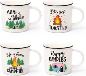 Nefelibata Camping Coffee Mug Set of 4 Happy Campers Campfire Tea Cups for Coffee, Tea, Milk Travel Ceramic Mug Camping Lover Holiday Gifts