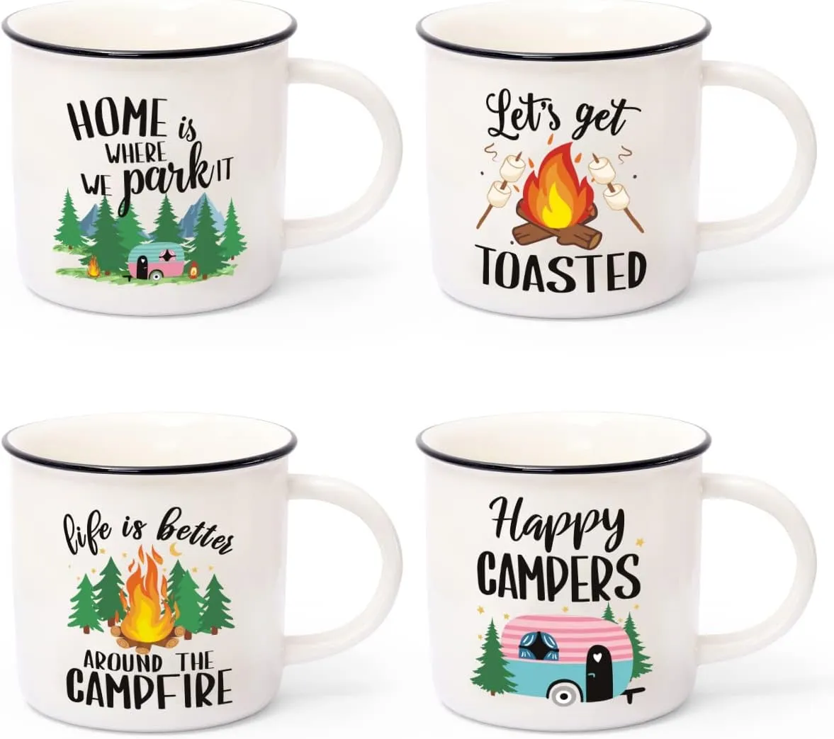 Nefelibata Camping Coffee Mug Set of 4 Happy Campers Campfire Tea Cups for Coffee, Tea, Milk Travel Ceramic Mug Camping Lover Holiday Gifts
