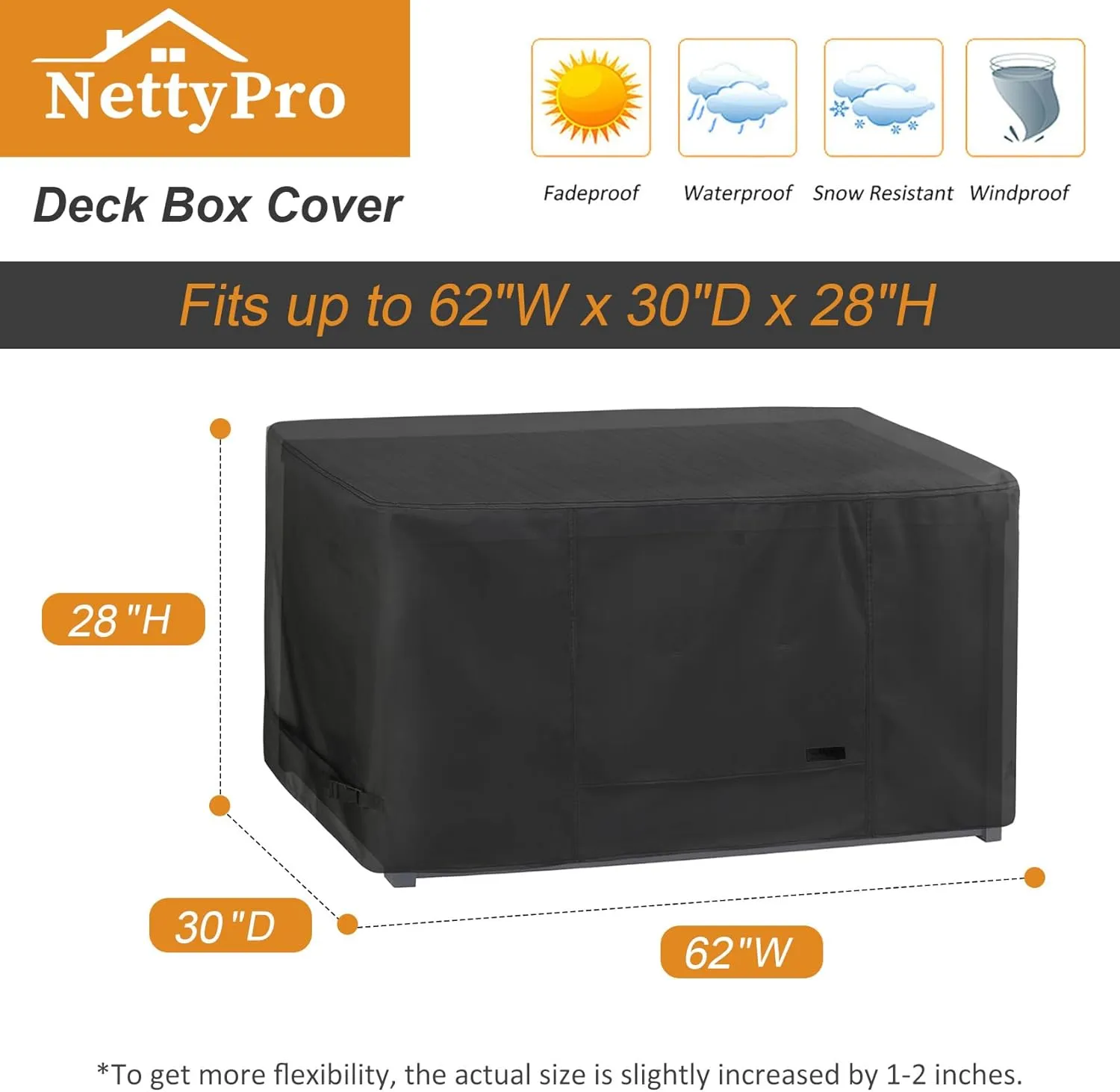 NettyPro Deck Box Cover, Fade Resistant Waterproof Outdoor Patio Storage Box Bench Cover for Rectangular 150-230 Gallon Resin Large Deck Box, 62 x 30 x 28 inch, Black