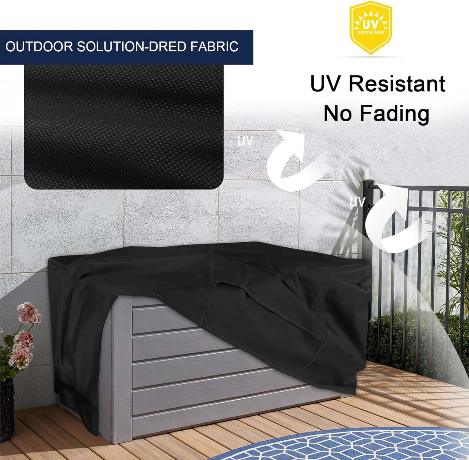NettyPro Deck Box Cover, Fade Resistant Waterproof Outdoor Patio Storage Box Bench Cover for Rectangular 150-230 Gallon Resin Large Deck Box, 62 x 30 x 28 inch, Black