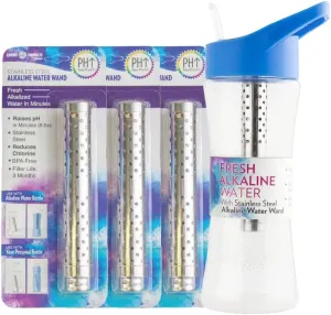 New Wave Enviro Alkaline Bottle with Replacement Wands Bundle, Bottle with 3 Replacement Cartridges, On the Go Alkaline Water for a full year with Chlorine reduction, Alkaline Bottle Blue Color