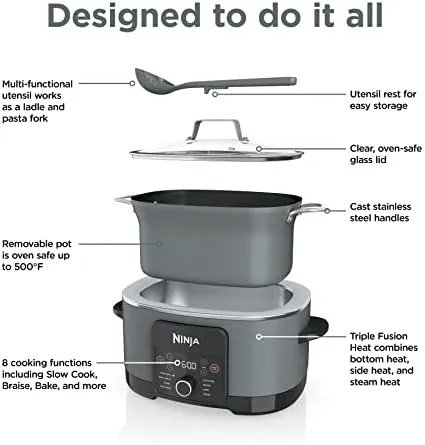 Ninja MC1001 Foodi PossibleCooker PRO 8.5 Quart Multi-Cooker, with 8-in-1 Slow Cooker, Dutch Oven, Steamer, Glass Lid Integrated Spoon, Nonstick, Oven Safe Pot to 500°F, Sea Salt Gray