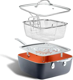 Nonstick Deep Fry Pan 9.5" Square Ceramic Frying Pan Pot with Glass Lid 5.6 Quart with Basket Steamer Insert