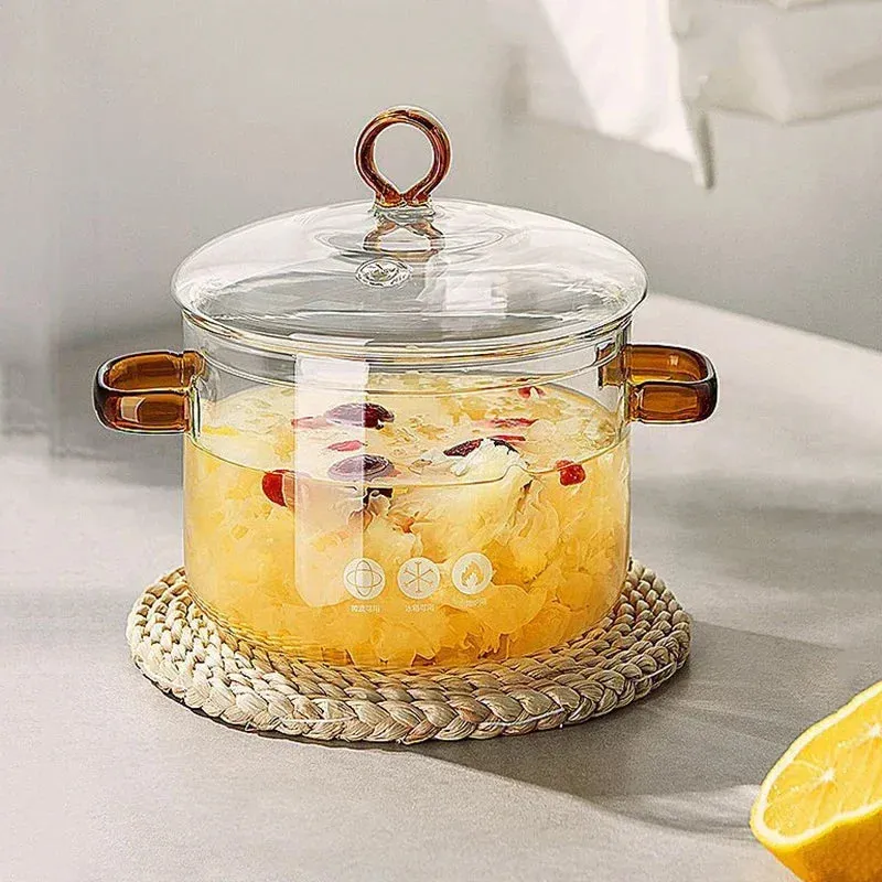 Nonstick Glass Soup Pot with Dual Handles and Microwave-Friendly Cover