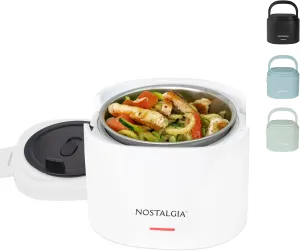 Nostalgia Portable 20-Ounce Electric Heated Lunch Box – Travel Size 2.5 Cup Capacity for Soup, Chili, and Leftovers – Leak Proof Silicone Sealed Lid, Foldable Carry Handle, Detachable Cord – White