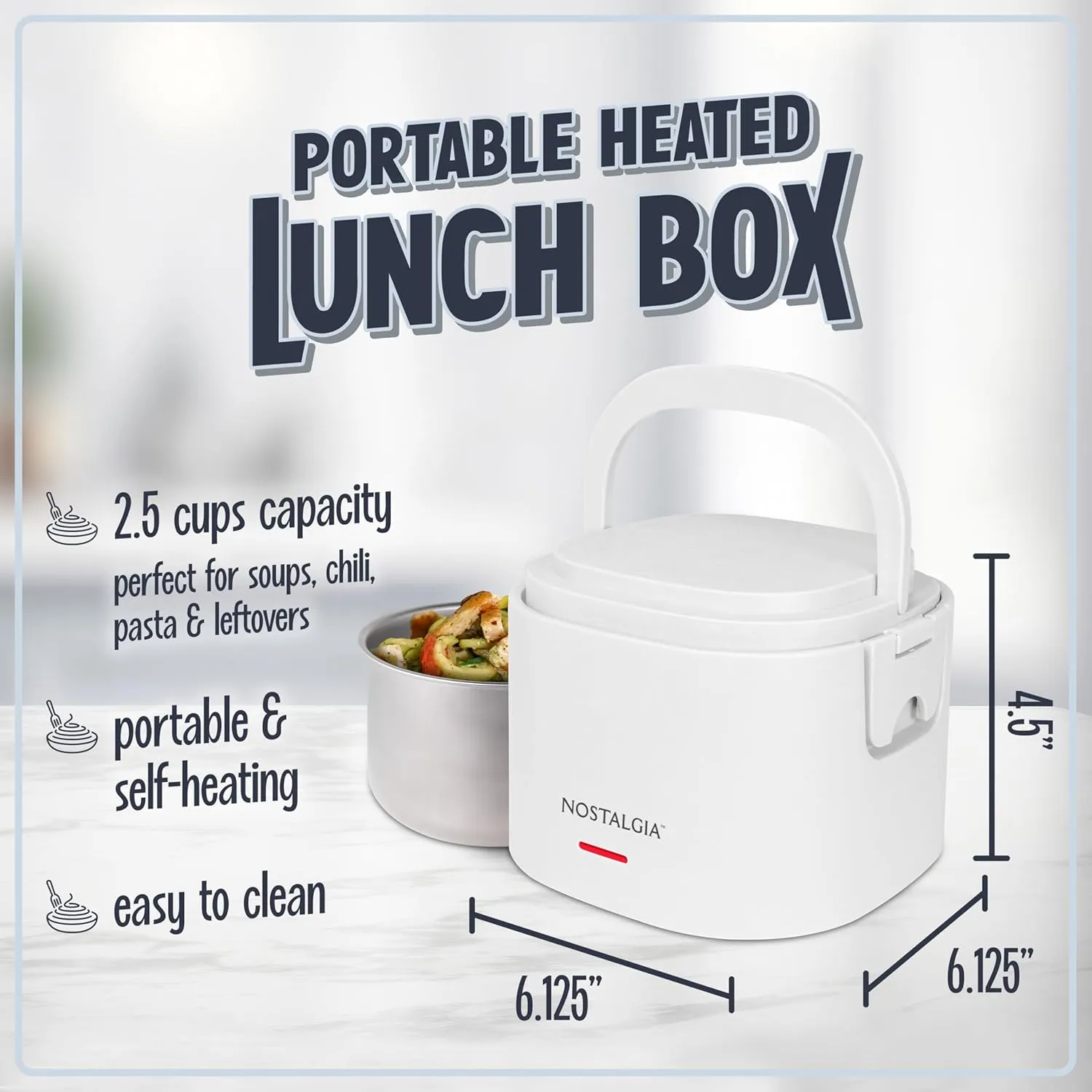 Nostalgia Portable 20-Ounce Electric Heated Lunch Box – Travel Size 2.5 Cup Capacity for Soup, Chili, and Leftovers – Leak Proof Silicone Sealed Lid, Foldable Carry Handle, Detachable Cord – White