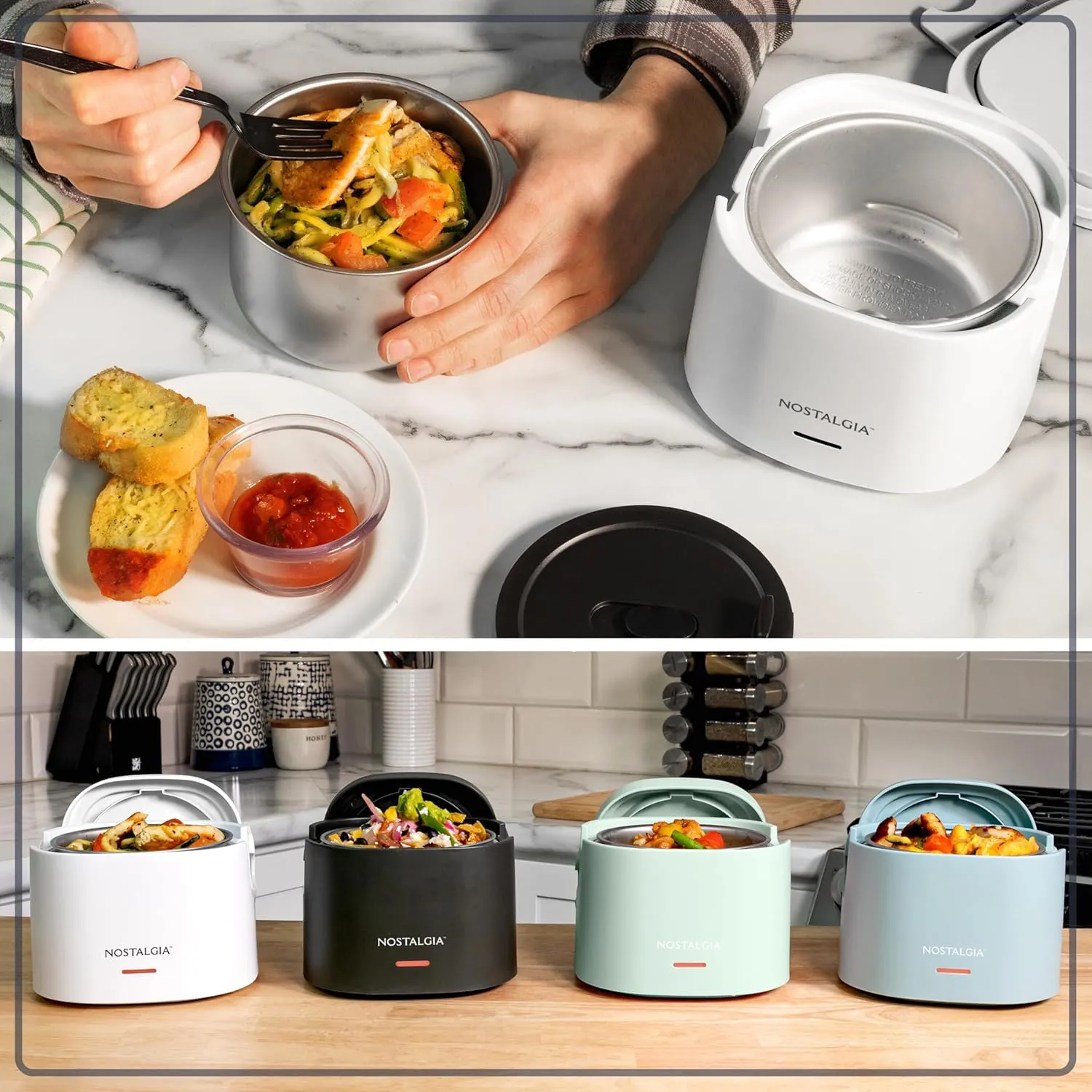 Nostalgia Portable 20-Ounce Electric Heated Lunch Box – Travel Size 2.5 Cup Capacity for Soup, Chili, and Leftovers – Leak Proof Silicone Sealed Lid, Foldable Carry Handle, Detachable Cord – White
