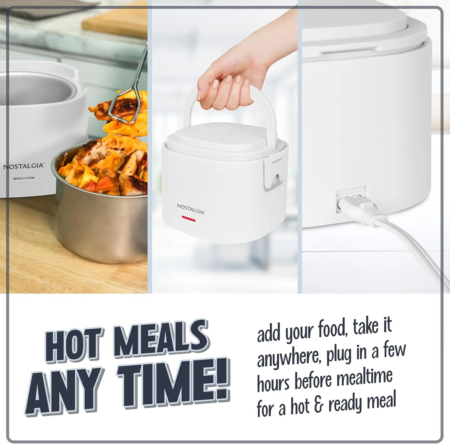 Nostalgia Portable 20-Ounce Electric Heated Lunch Box – Travel Size 2.5 Cup Capacity for Soup, Chili, and Leftovers – Leak Proof Silicone Sealed Lid, Foldable Carry Handle, Detachable Cord – White
