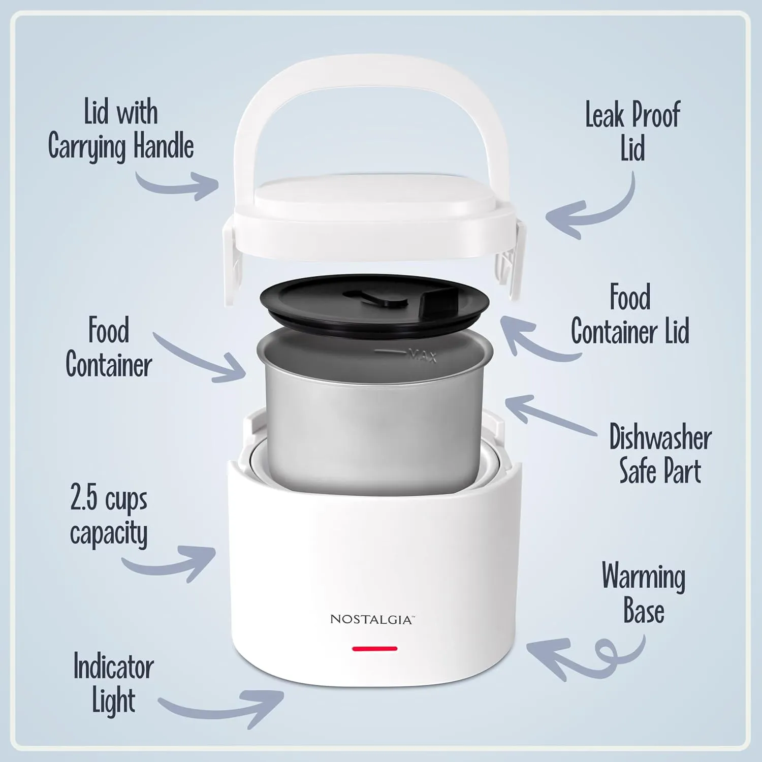 Nostalgia Portable 20-Ounce Electric Heated Lunch Box – Travel Size 2.5 Cup Capacity for Soup, Chili, and Leftovers – Leak Proof Silicone Sealed Lid, Foldable Carry Handle, Detachable Cord – White
