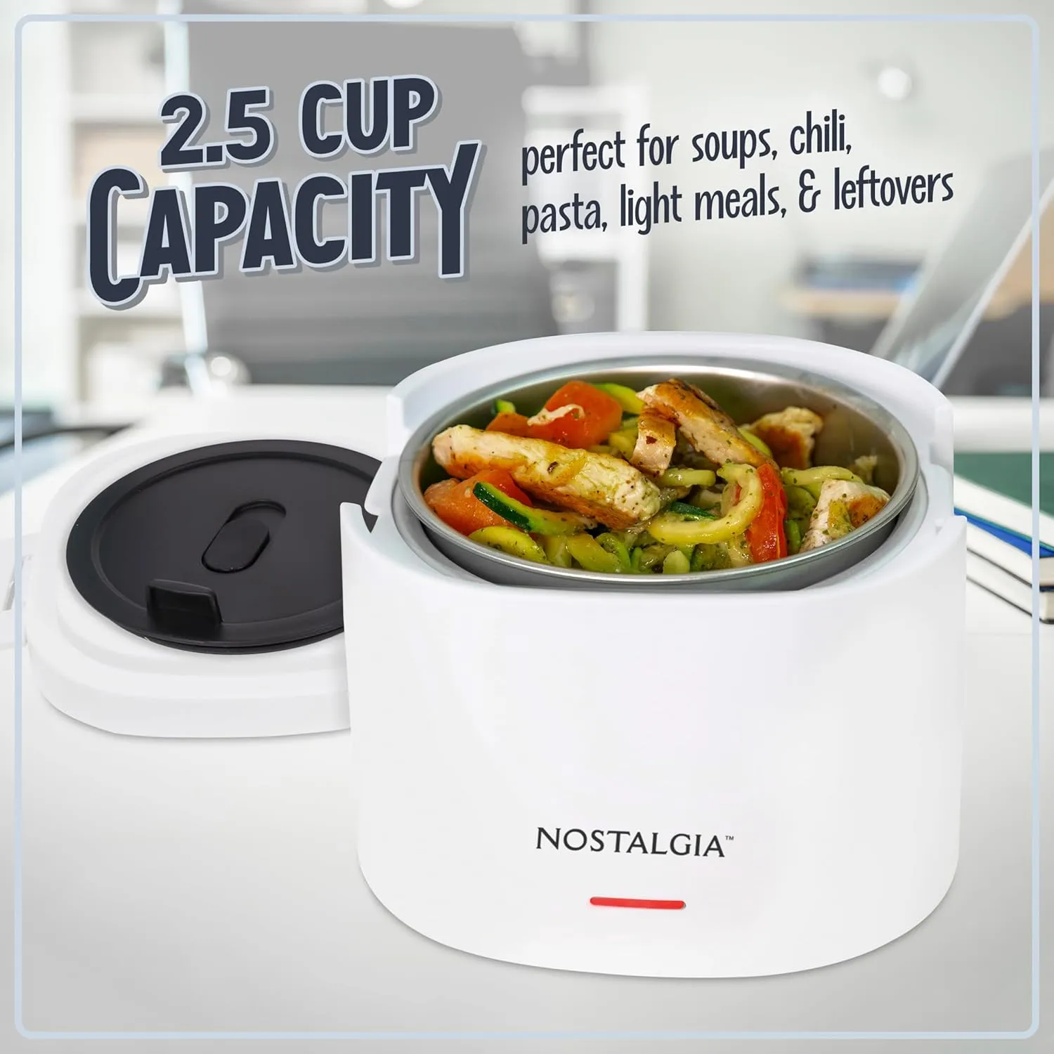 Nostalgia Portable 20-Ounce Electric Heated Lunch Box – Travel Size 2.5 Cup Capacity for Soup, Chili, and Leftovers – Leak Proof Silicone Sealed Lid, Foldable Carry Handle, Detachable Cord – White
