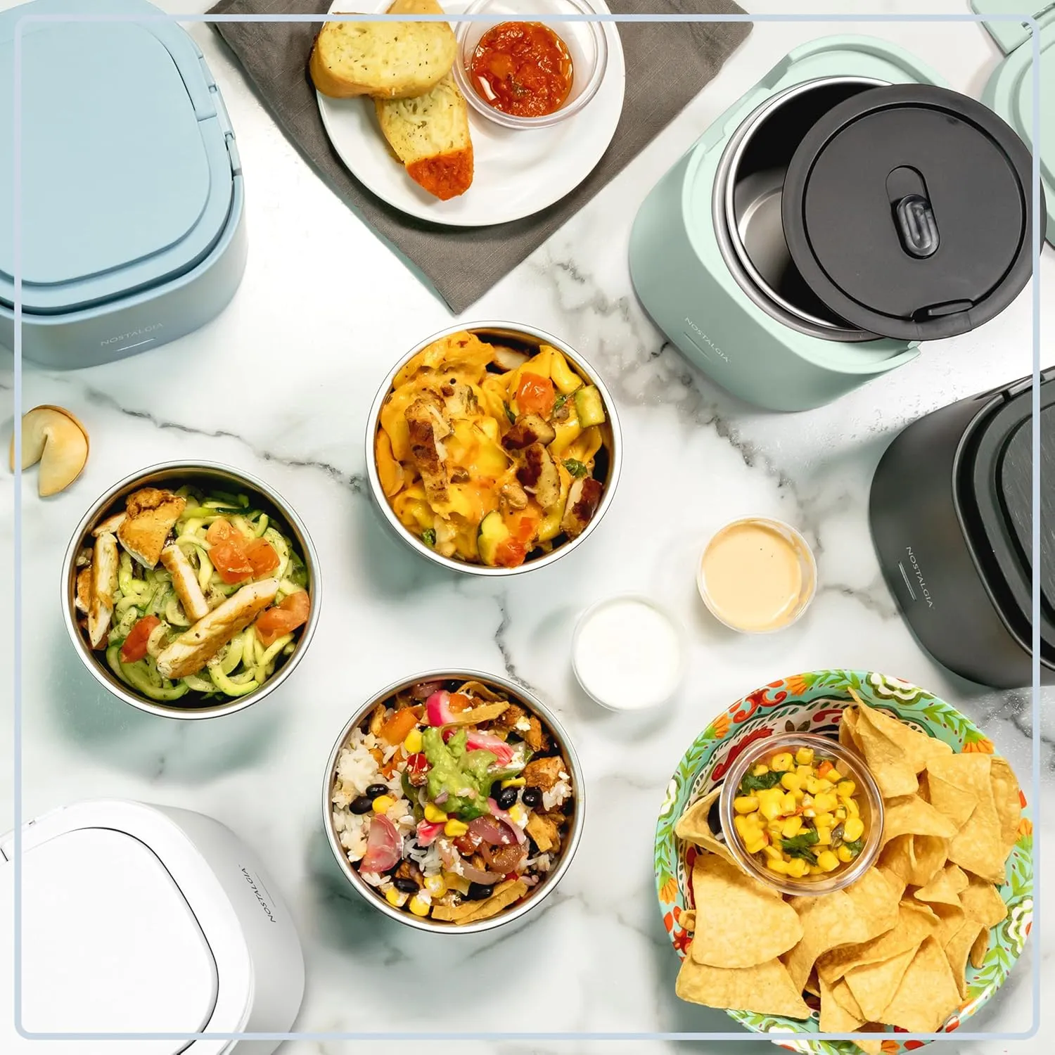 Nostalgia Portable 20-Ounce Electric Heated Lunch Box – Travel Size 2.5 Cup Capacity for Soup, Chili, and Leftovers – Leak Proof Silicone Sealed Lid, Foldable Carry Handle, Detachable Cord – White