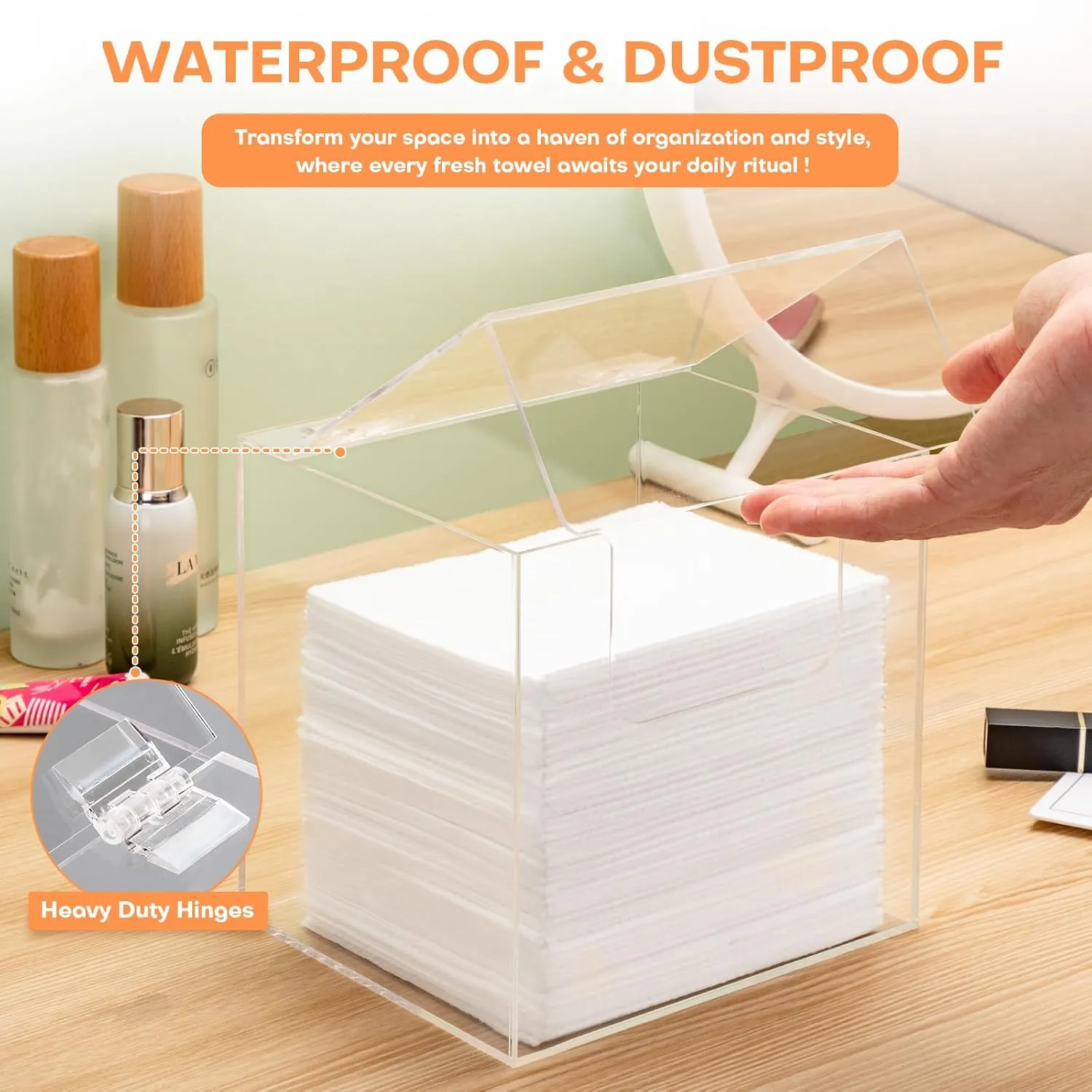 Noverlife Acrylic Disposable Face Towel Storage Box with Lid, 7x6x7in Clear Facial Towel Container Box Acrylic XL Skin Club Towel Dispenser Case, Towel Storage Bin Face Towel Holder for Vanity