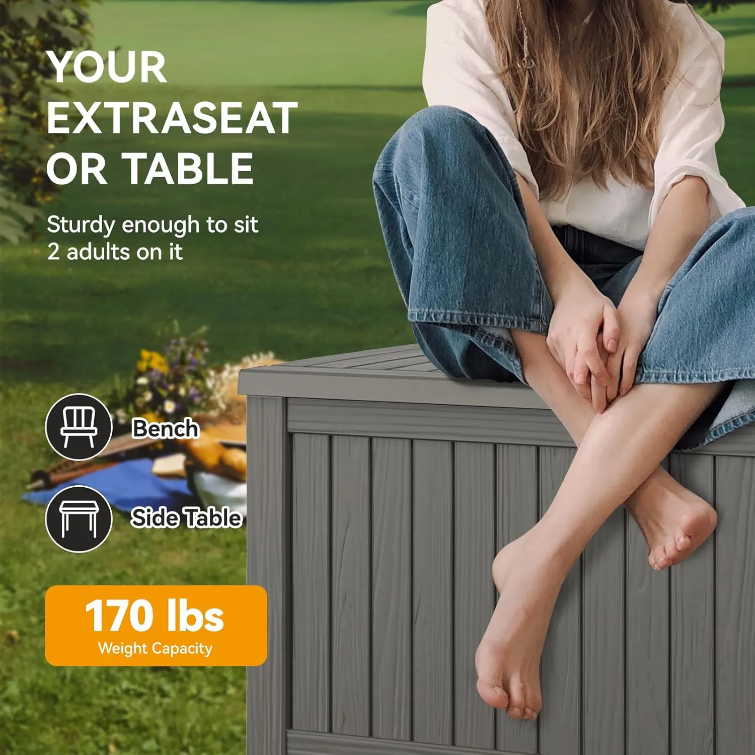 NUNU LAB 150 Gallon Outdoor Storage Box,Resin Large Sturdy Deck Box, Backyard Outside Storage Box Waterproof with Double Wall Panels,Package Delivery,Garden Outdoor Hose Bin