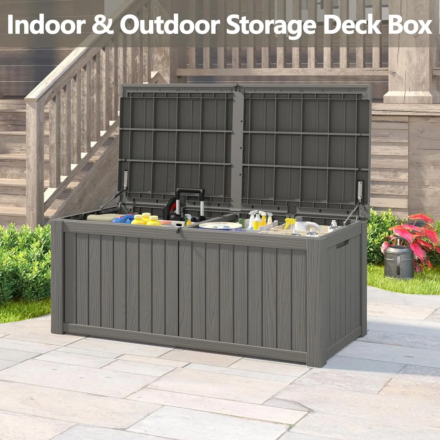 NUNU LAB 150 Gallon Outdoor Storage Box,Resin Large Sturdy Deck Box, Backyard Outside Storage Box Waterproof with Double Wall Panels,Package Delivery,Garden Outdoor Hose Bin