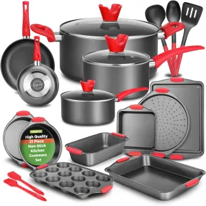 NutriChef 21-Piece Nonstick Cookware Set - Includes Saucepans, Skillets, Round & Square Baking Pans, Loaf & Muffin Pans, Pizza Crisper, Cookie Sheet, & Silicone Utensils - Complete Kitchen Set