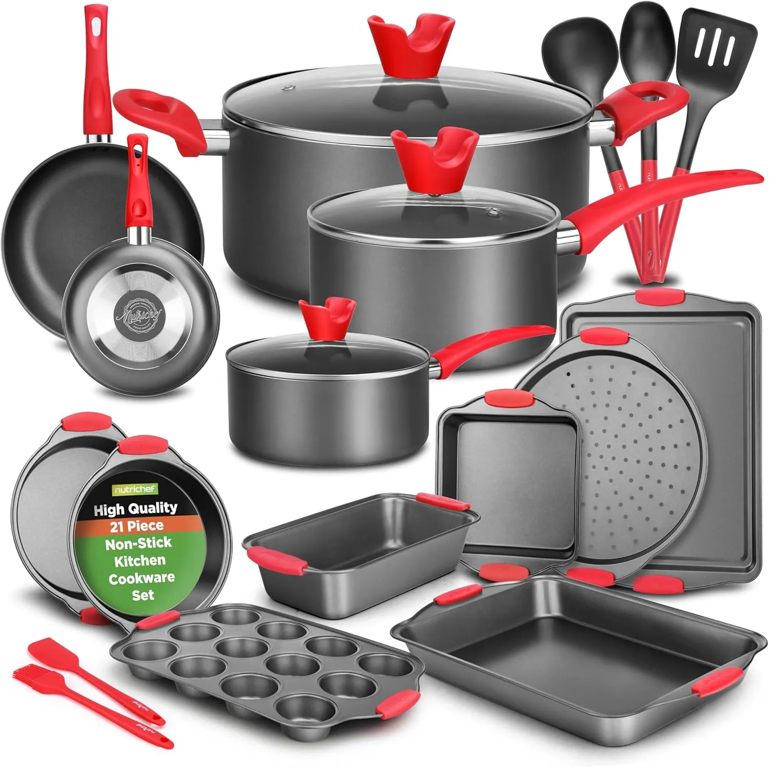 NutriChef 21-Piece Nonstick Cookware Set - Includes Saucepans, Skillets, Round & Square Baking Pans, Loaf & Muffin Pans, Pizza Crisper, Cookie Sheet, & Silicone Utensils - Complete Kitchen Set