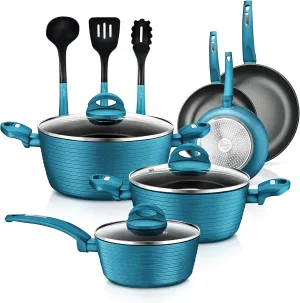 NutriChef Professional 12-Piece Nonstick Cookware - PFOA/PFOS-Free, Heat Resistant Lacquer, Elegant Design, Multi-Sized Pots and Pans, Teal/Gray/Green