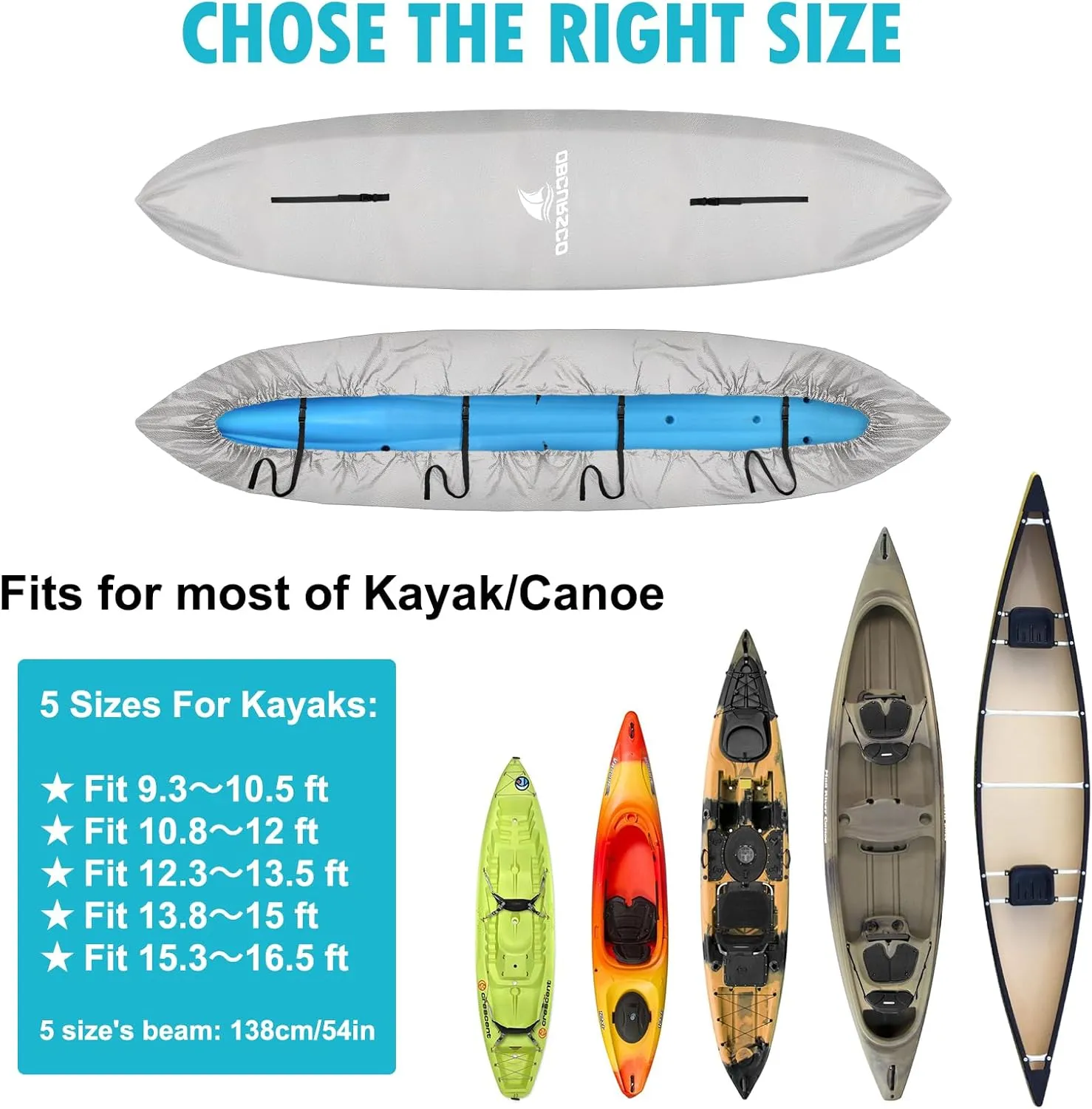Obcursco 600D Kayak Cover Waterproof, 9.3-16.5FT Thickened UV-Proof, Tear and Fade Resistant Canoe Cover, Kayak Covers for Outdoor and Indoor Storage, Perfect as Kayak Accessories for SUP Paddle Board