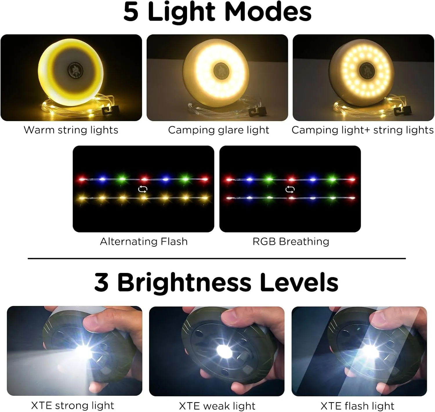 OGERY Camping String Lights, 4 in 1 Quick Storage 32.8FT Rechargeable Tent Lights String with 8 Lighting Modes, Hanging Waterproof Portable LED Lamp for Outdoor Patio Awning Garden Party Essentials