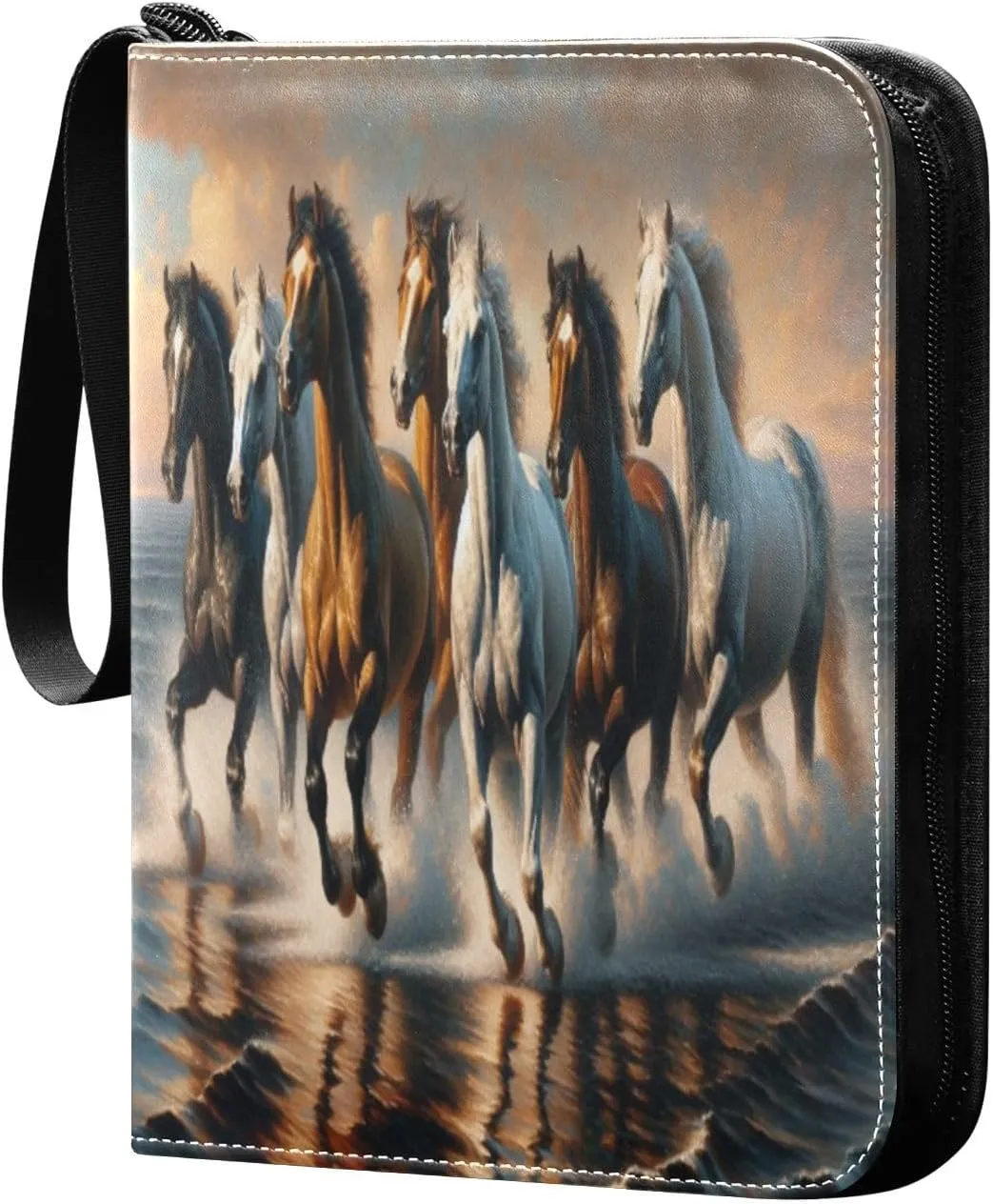 Oil Painting Galloping Horses Card Binder 4-Pocket, 400 Pockets PU Waterproof Zippered Collector Card Album with 50 Removable Sleeves for Trading, Game Cards