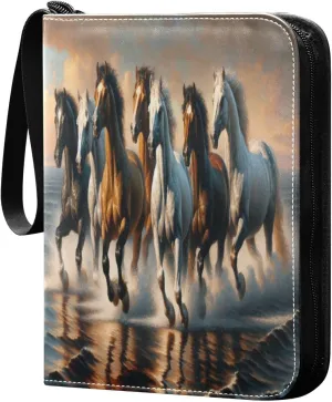 Oil Painting Galloping Horses Card Binder 4-Pocket, 400 Pockets PU Waterproof Zippered Collector Card Album with 50 Removable Sleeves for Trading, Game Cards