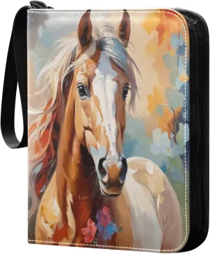 Oil Painting Horse Card Binder 4-Pocket, 400 Pockets PU Waterproof Zippered Collector Card Album with 50 Removable Sleeves for Trading, Game Cards