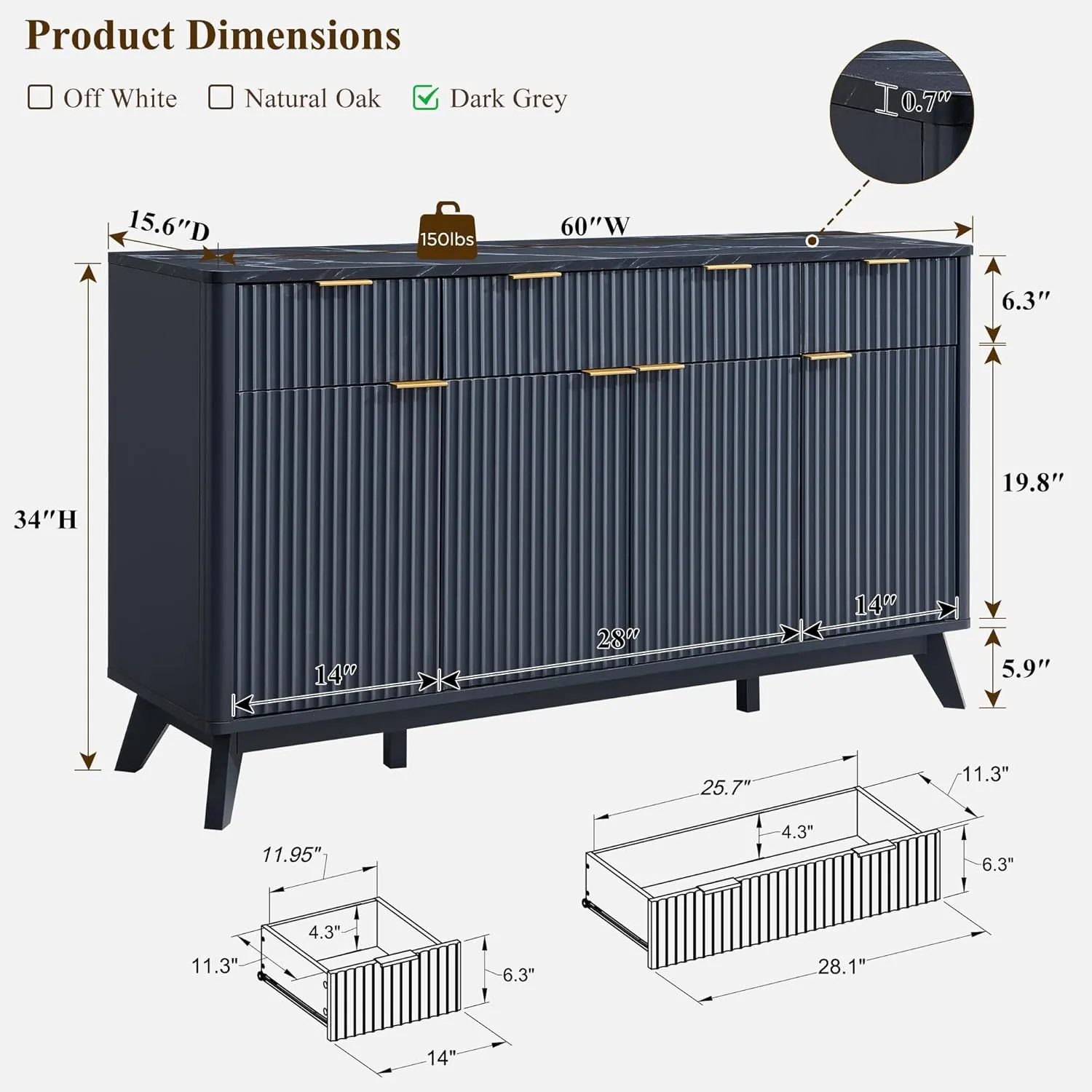 OKD 60" Fluted Buffet Sideboard Cabinet with Storage, Morden Credenza Buffet Table Coffee Bar Storage Cabinet with 4 Doors and 3 Drawers for Dining Room, Living Room,Hallway (Dark Grey)