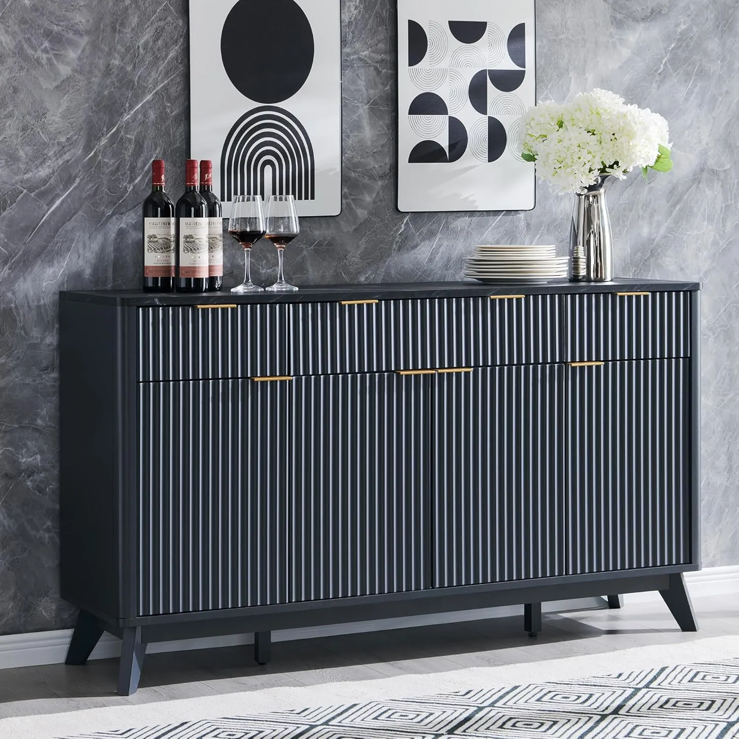 OKD 60" Fluted Buffet Sideboard Cabinet with Storage, Morden Credenza Buffet Table Coffee Bar Storage Cabinet with 4 Doors and 3 Drawers for Dining Room, Living Room,Hallway (Dark Grey)