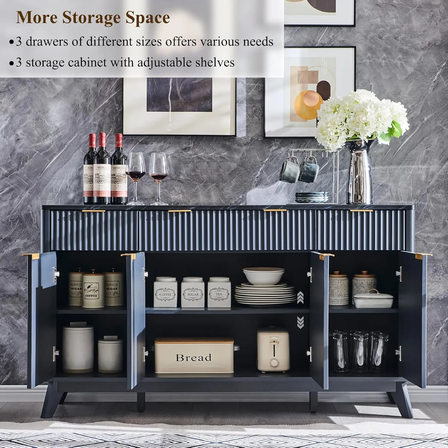 OKD 60" Fluted Buffet Sideboard Cabinet with Storage, Morden Credenza Buffet Table Coffee Bar Storage Cabinet with 4 Doors and 3 Drawers for Dining Room, Living Room,Hallway (Dark Grey)