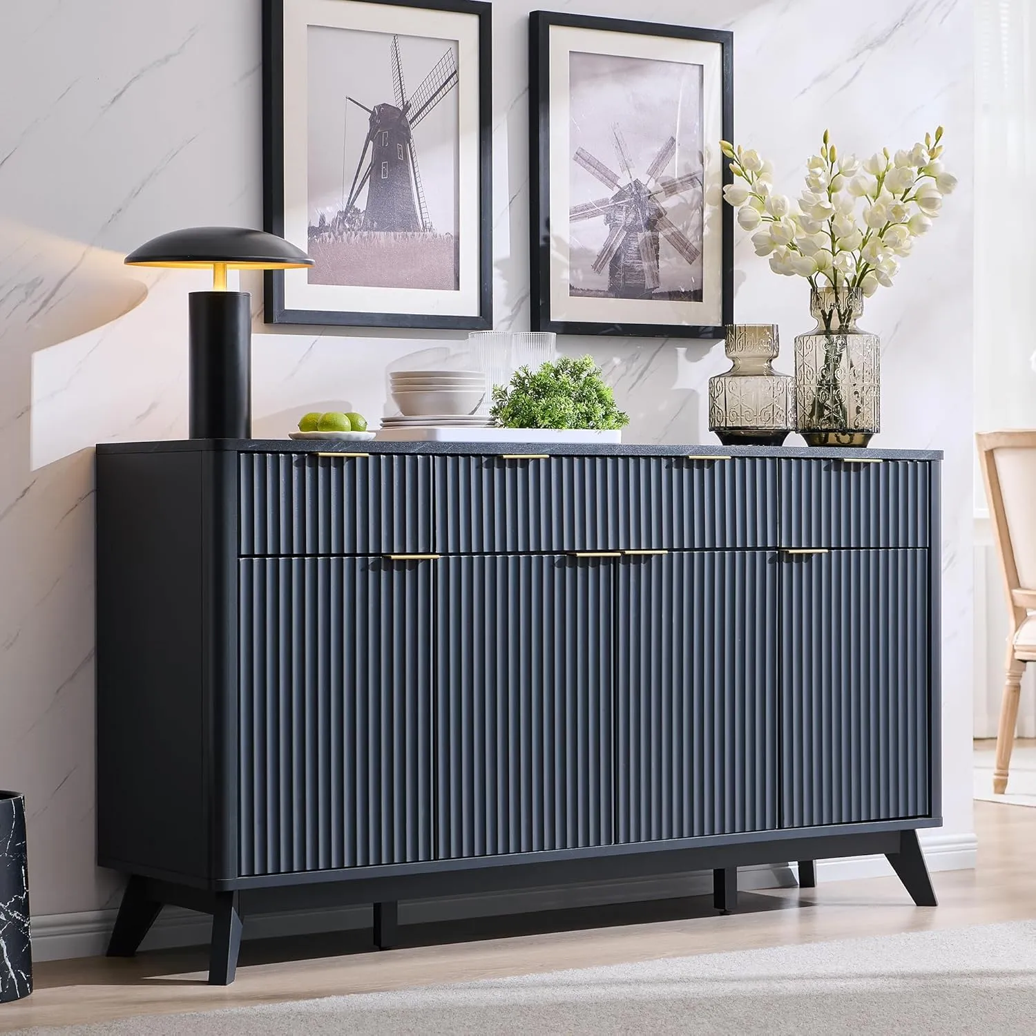 OKD 60" Fluted Buffet Sideboard Cabinet with Storage, Morden Credenza Buffet Table Coffee Bar Storage Cabinet with 4 Doors and 3 Drawers for Dining Room, Living Room,Hallway (Dark Grey)