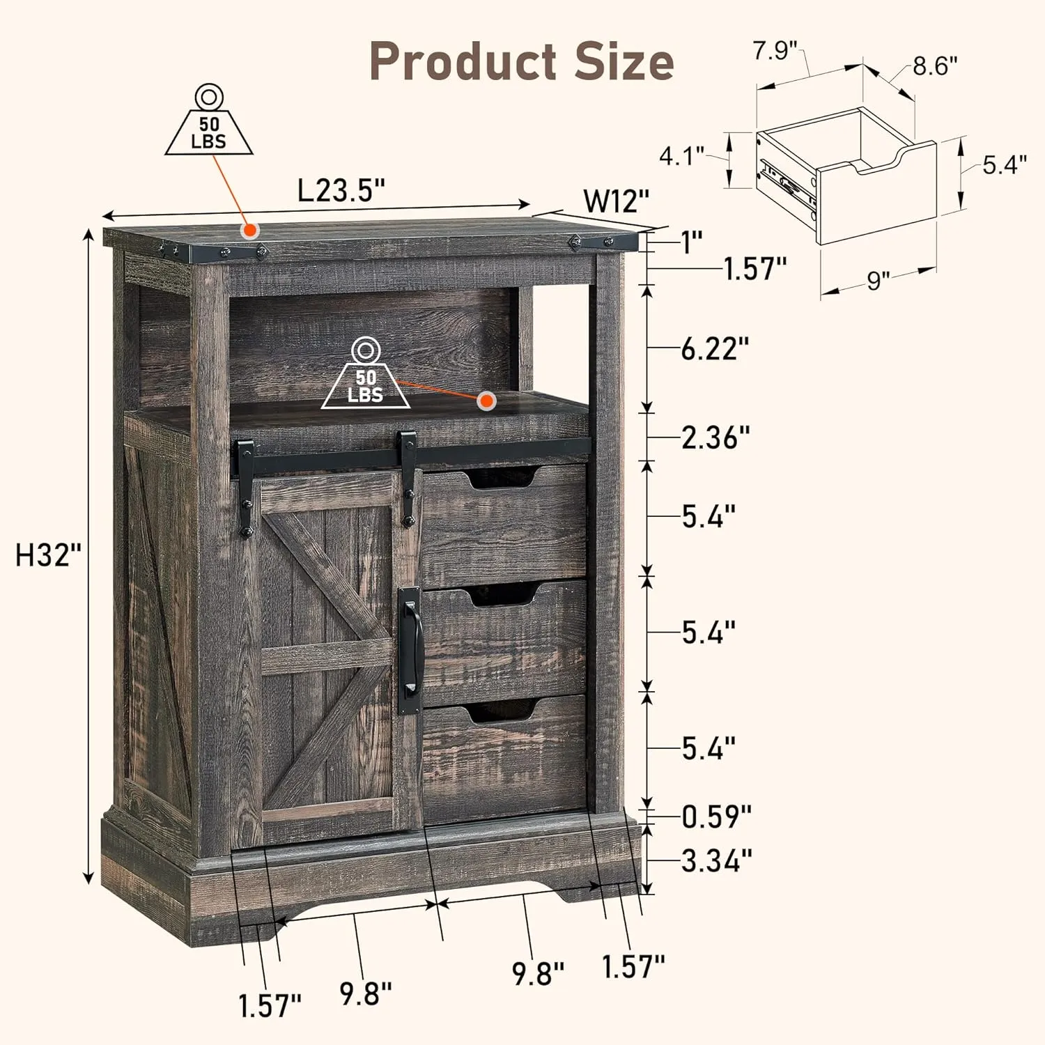 OKD Bathroom Floor Cabinet, Farmhouse Cabinet with Sliding Barn Door & Storage Drawers, Small Storage Cabinet for Bathroom, Kitchen, Living Room, Dark Rustic Oak