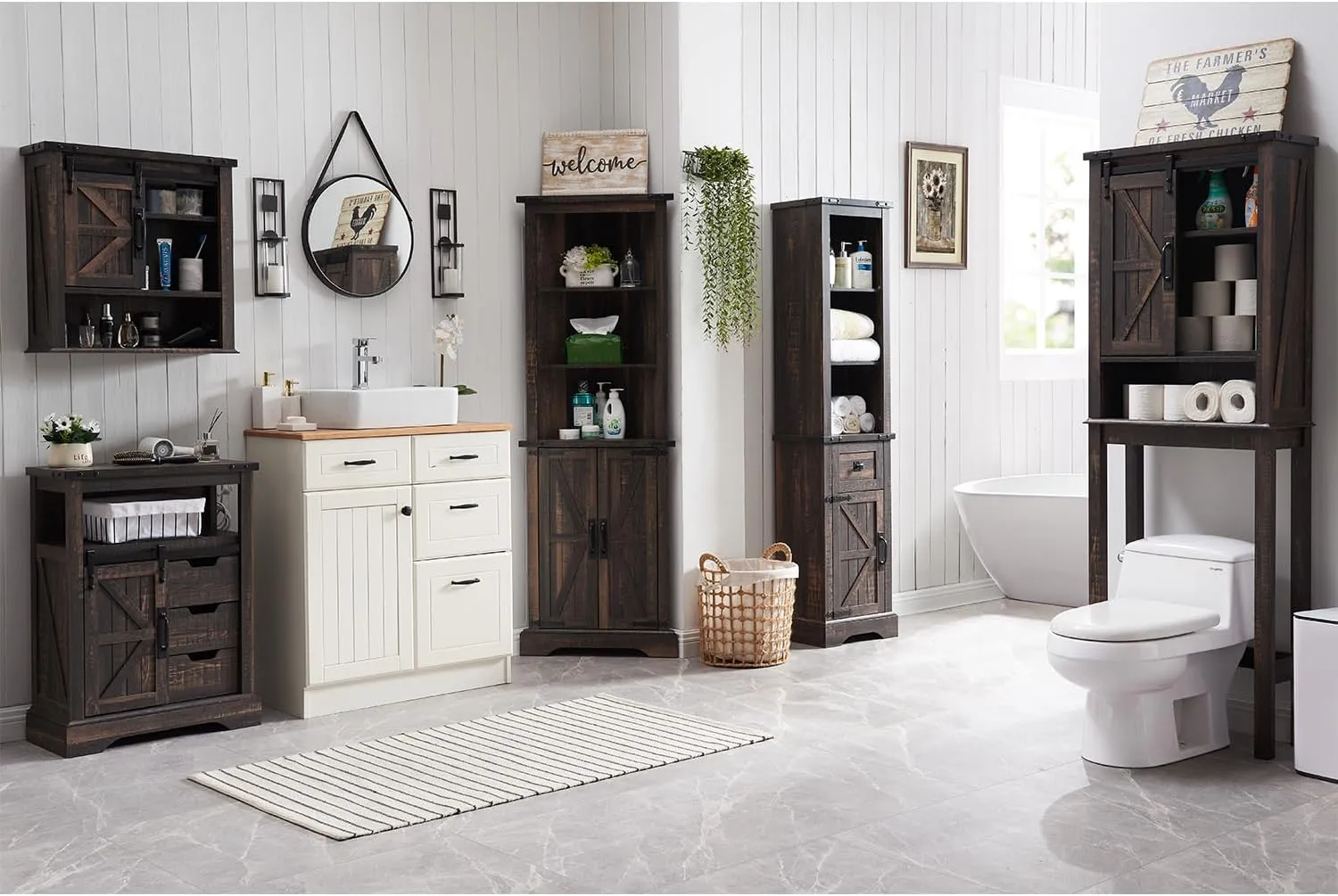 OKD Bathroom Floor Cabinet, Farmhouse Cabinet with Sliding Barn Door & Storage Drawers, Small Storage Cabinet for Bathroom, Kitchen, Living Room, Dark Rustic Oak